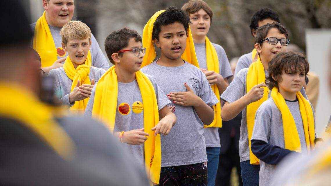 Students from Fayetteville’s School of Hope perform during a rally celebrating National School Choice Week on Halifax Mall in front of the Legislative Building in Raleigh on Wednesday, Jan. 24, 2024.