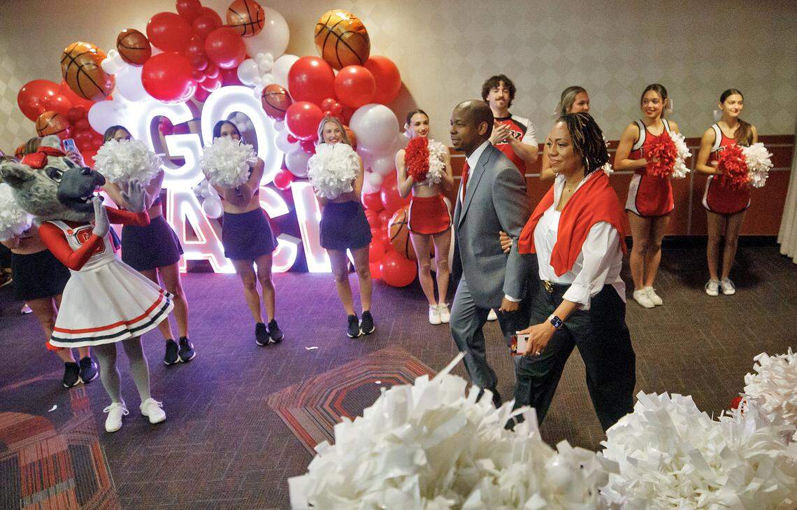 New N.C. State men’s basketball head coach Justin Gainey arrives to an introductory press conference at Lenovo Center on Wednesday, April 1, 2026, in Raleigh, N.C.