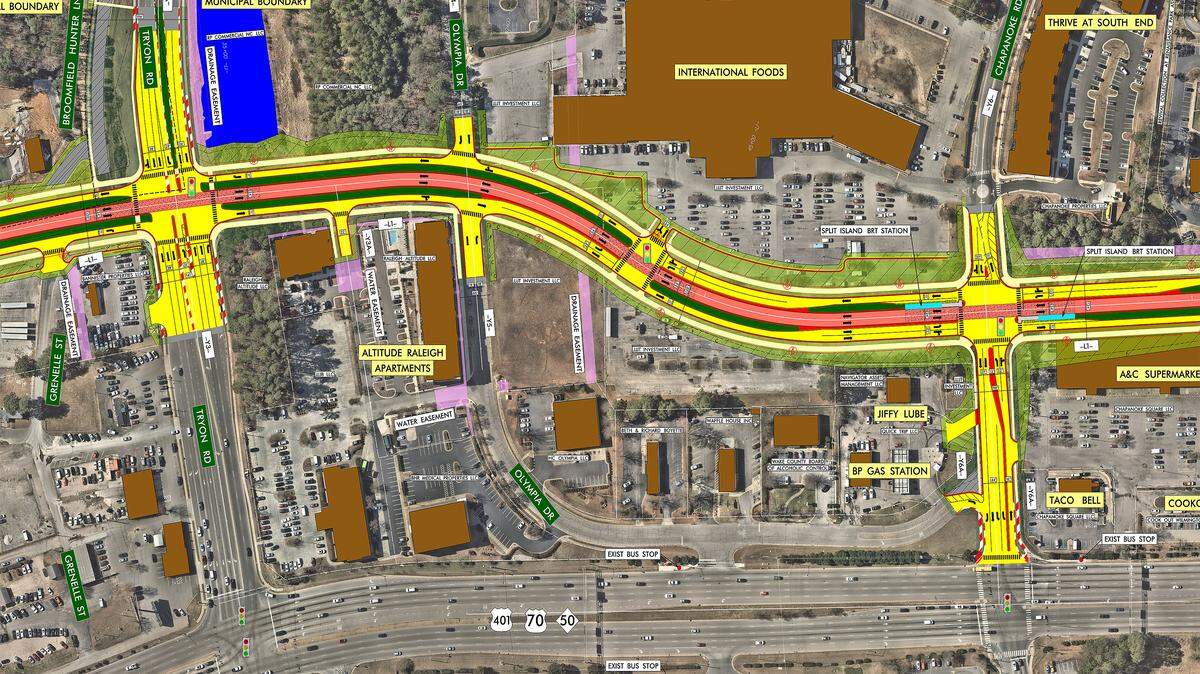 A preliminary plan for a new section of Wilmington Street and Raleigh’s planned southern bus rapid transit line. This section would parallel U.S. 70/401, seen at the bottom, and pass through the Chapanoke Square and International Foods shopping centers.