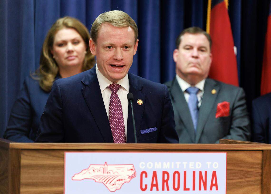 N.C. Speaker of the House Destin Hall speaks about the budget bill during a press conference at the Legislative Building on Tuesday, May 20, 2025, in Raleigh, N.C.