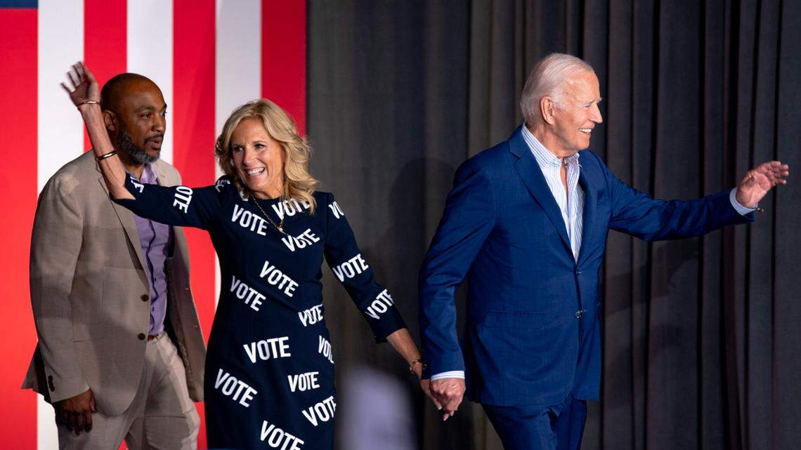 First Lady Jill Biden and President Joe Biden take the stage during a campaign event at the Jim Graham building at the North Carolina State Fairgrounds in Raleigh on Friday June 28, 2024. Biden debated former President Trump in Atlanta Georgia the previous night.