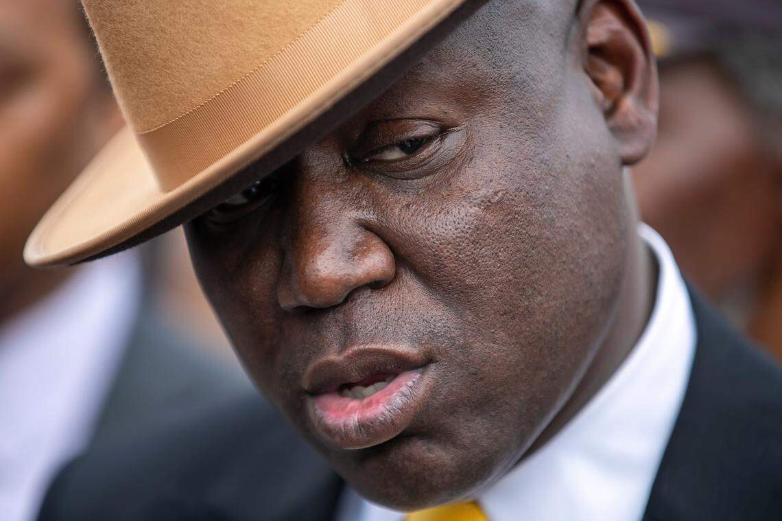 Civil rights attorney Ben Crump talks with reporters on Thursday, February 16, 2023 in Raleigh, N.C., after a march from Mount Peace Baptist Church to Rocky Quarry Road where Darryl Williams died after being tased by members of the Raleigh police department in January. Crump has been retained by the Williams family.
