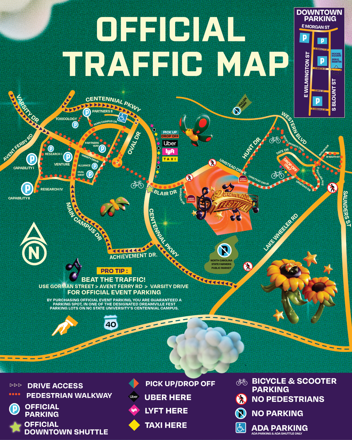 The traffic map for the 2025 Dreamville Festival in Raleigh.