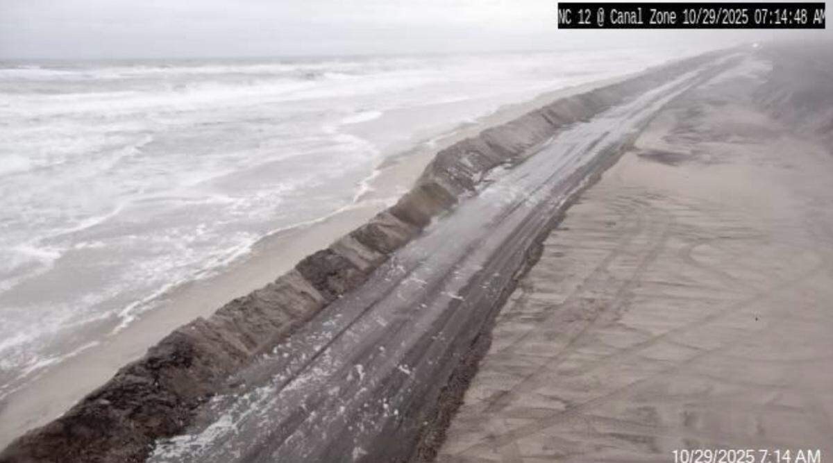 A low-pressure system brought rain, wind and high waves to the N.C. Outer Banks from Oct. 27-29, 2025, causing some oceanfront homes to fall and closing sections of N.C. 12 like this one on Hatteras Island south of the Marc Basnight Bridge.