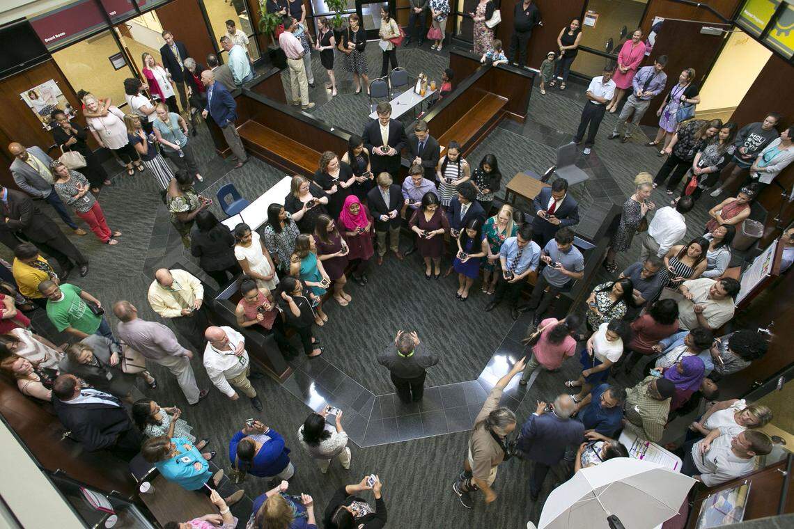 Valedictorians from across Wake County’s high schools gather for a group photo after being recognized during a school board meeting May 1.