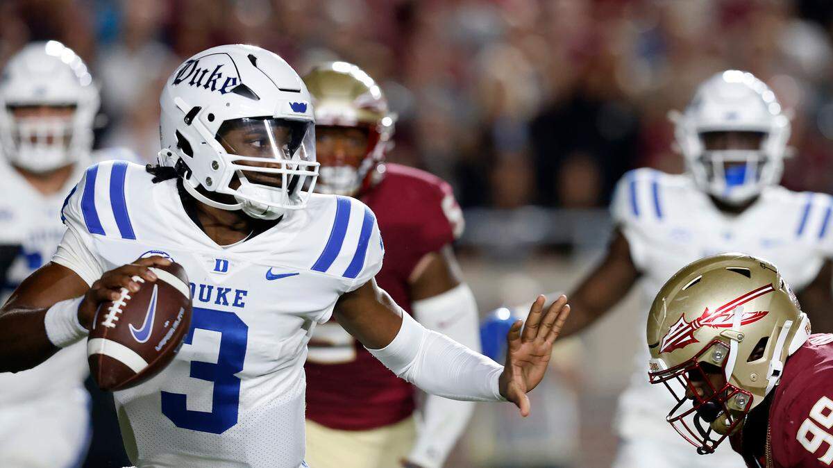 Duke’s Henry Belin IV looks to throw during the second half of the Blue Devils’ 38-20 loss to Florida State on Saturday, Oct. 21, 2023, in Tallahassee, Fla.