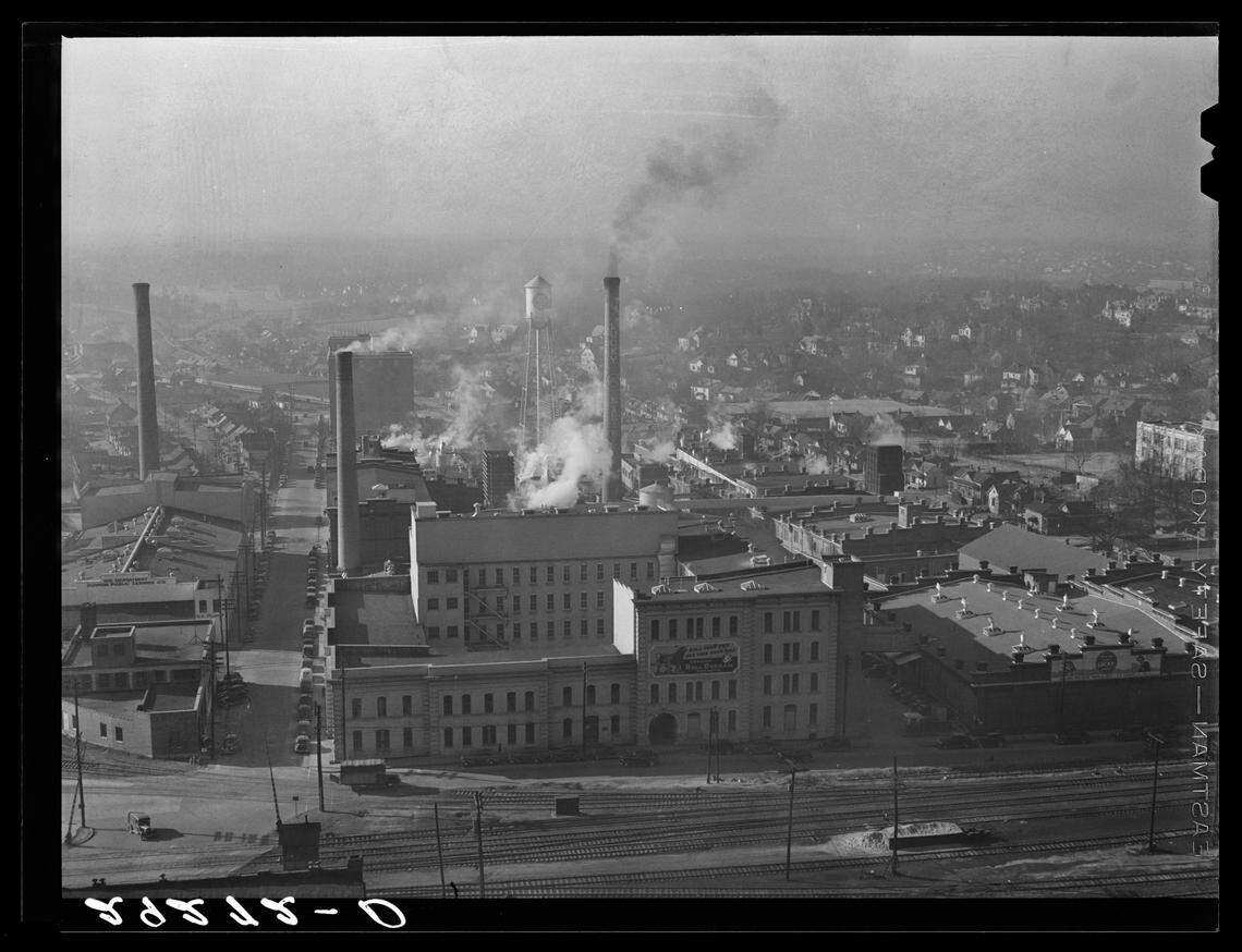 Cigarette factories, including the Lucky Strike facility in downtown Durham, N.C. in 1939.