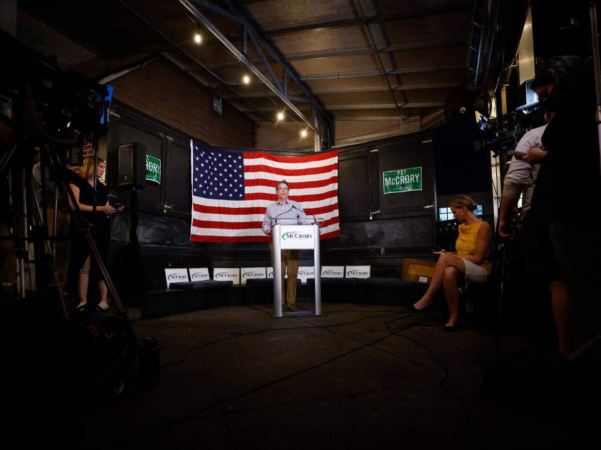 Former Gov. Pat McCrory delivers his concession speech after the primary election for U.S. Senate at Selwyn Pub in Charlotte, N.C., Tuesday, May 17, 2022.