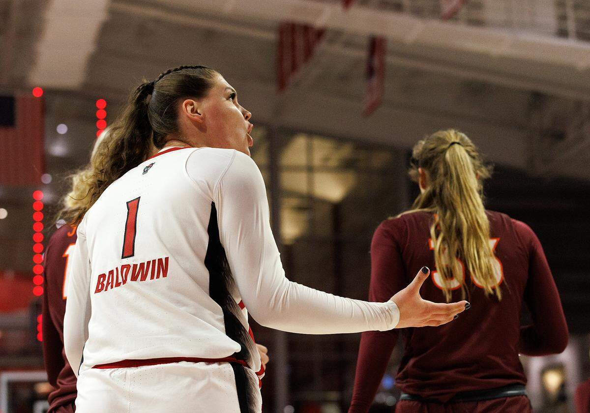 N.C. State’s River Baldwin reacts to a call during the first half of the Wolfpack’s 72-61 loss to Virginia Tech on Thursday, Feb. 8, 2024, at Reynolds Coliseum in Raleigh, N.C.