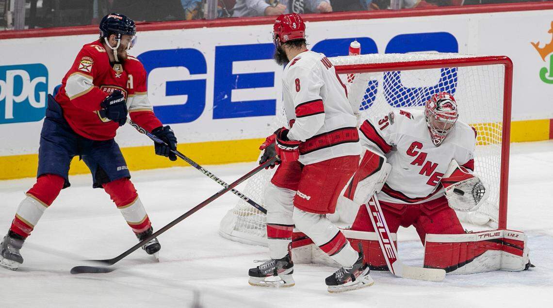 Carolina Hurricanes goalie Frederik Andersen (31) makes a glove save on a scoring attempt by the Florida Panthers Matthew Tkachuk (19) in the first period of Game 3 of the Eastern Conference Finals on Monday, May 22, 2023 at FLA Live Arena in Sunrise, Fla.