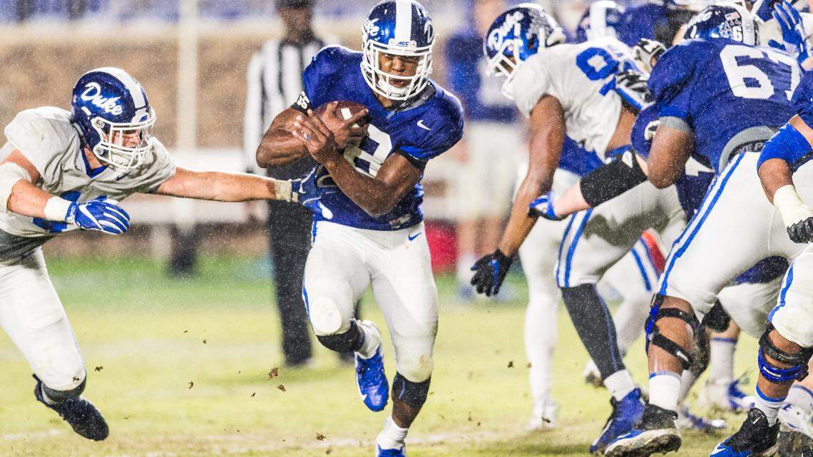 Duke running back Brittain Brown (8) runs with the ball during the Blue Devils’ spring showcase scrimmage on Friday, April 5, 2019, at Wallace Wade Stadium.