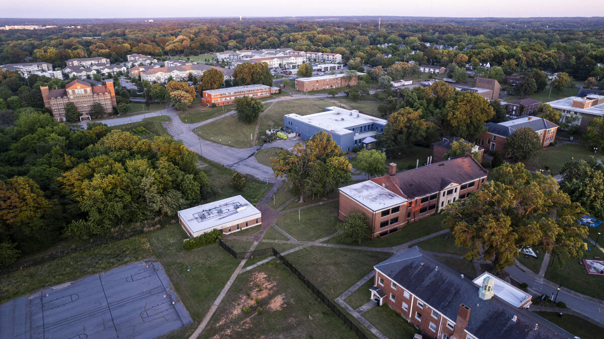 An aerial view shows part of the 160-year-old historically Black university Saint Augustine's University near downtown Raleigh on Thursday, May 14, 2026.