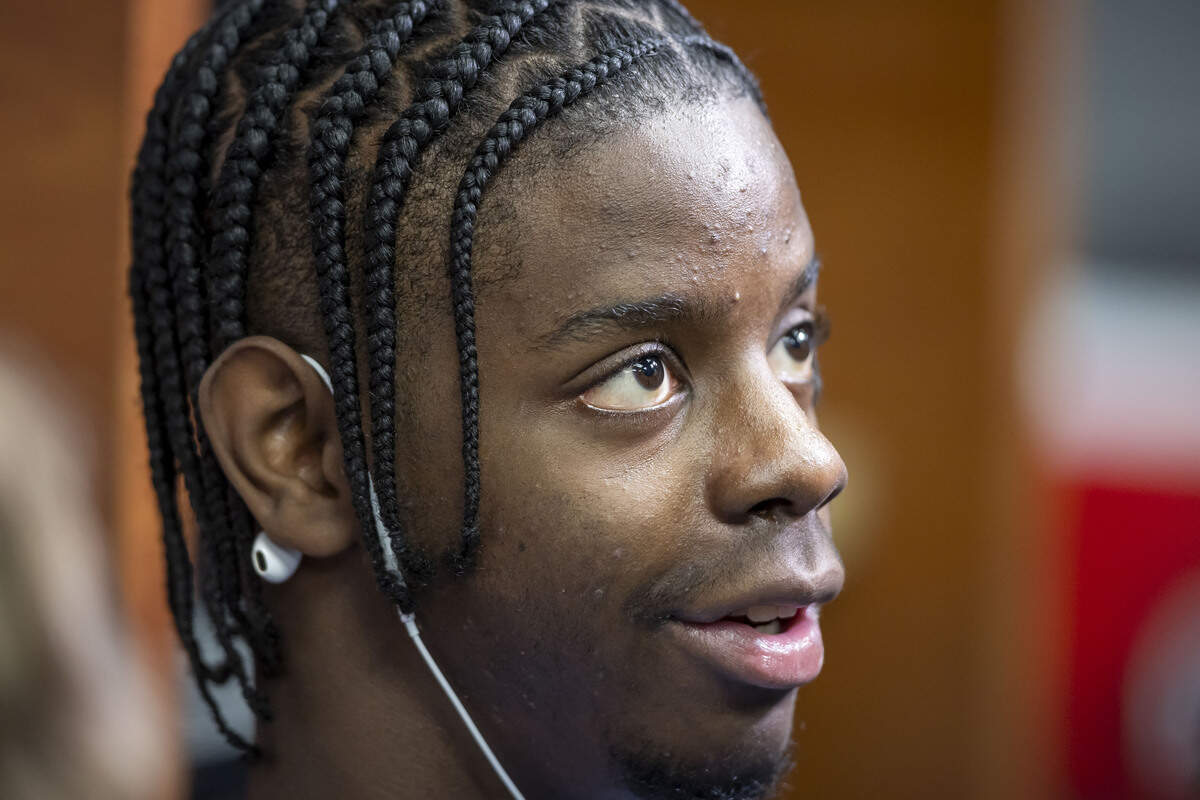 North Carolina forward Caleb Wilson, out with a broken thumb, takes questions from the media in the Tar Heels’ locker room on Wednesday, March 18, 2026, at Bon Secours Arena in Greenville, S.C.