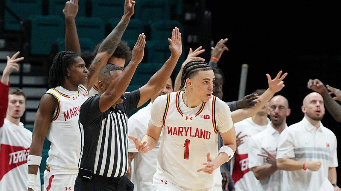 Darius Adams of the Maryland Terrapins reacts to hitting a 3-pointer against the UNLV Rebels in a November 2025 game in Las Vegas, Nevada. 