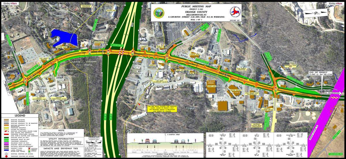 An NC Department of Transportation map shows changes proposed for South Churton Street in Hillsborough, from Millstone Drive to Orange Grove Road in Hillsborough. The road will be widened to four lanes, with center turn lanes, bike lanes and sidewalks. This end of the project could have the most effect on homes and businesses along the largely commercial corridor, but none are slated for removal.