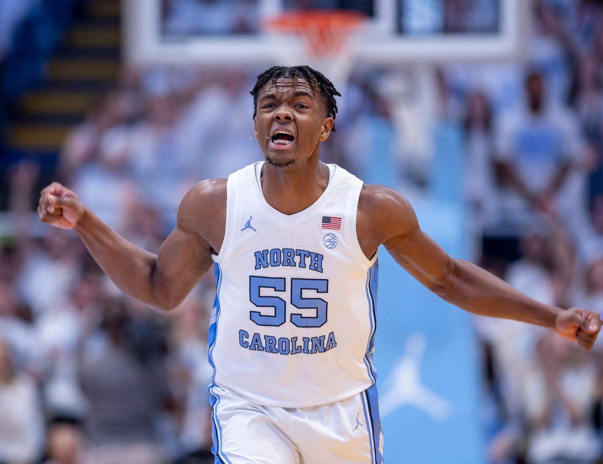 North Carolina’s Harrison Ingram (55) reacts after scoring eight points in the opening minutes of play against Tennessee on Wednesday, November 29, 2023 at the Smith Center in. Chapel Hill, N.C.