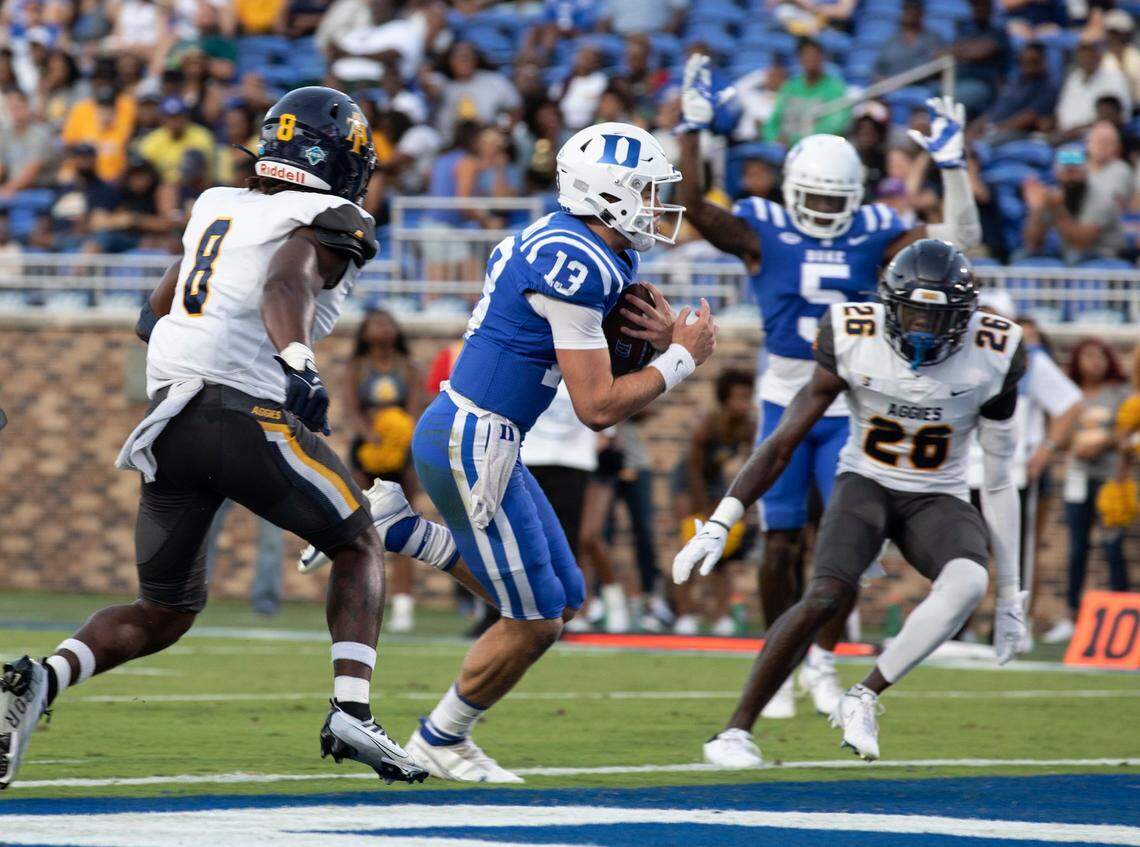 Duke Blue Devils quarterback Riley Leonard runs the ball into the end zone for a touchdown during the first half of Dukes game against North Carolina A&T at Wallace Wade Stadium in Durham, N.C. on Saturday, Sept. 17, 2022.