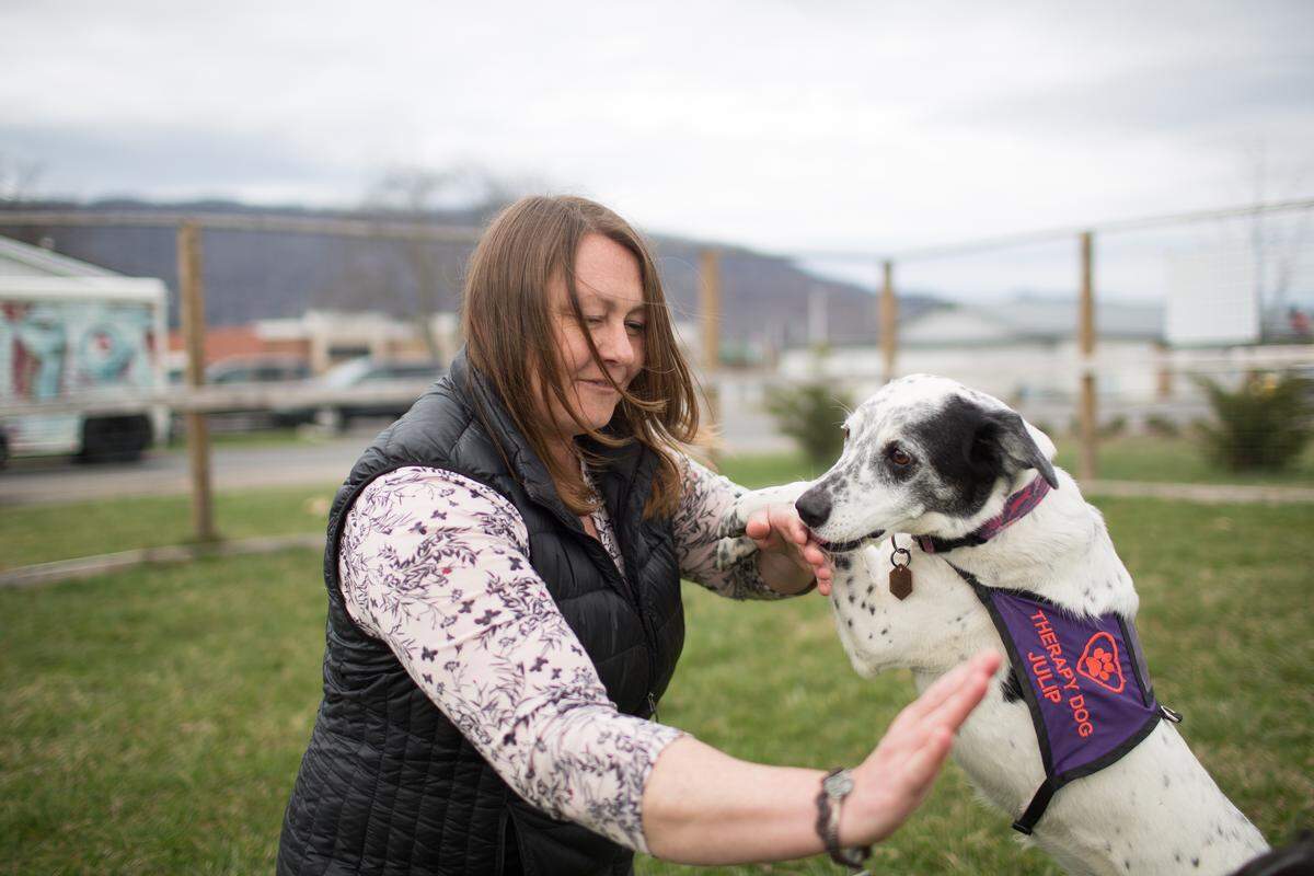 Leisa Young, animal assisted therapy consultant and service dog trainer for the Waynesville-based 30th Judicial District Domestic Violence-Sexual Assault Alliance, plays with Raya. The dogs help sexual assault survivors in southwestern North Carolina improve outcomes through coping with trauma.