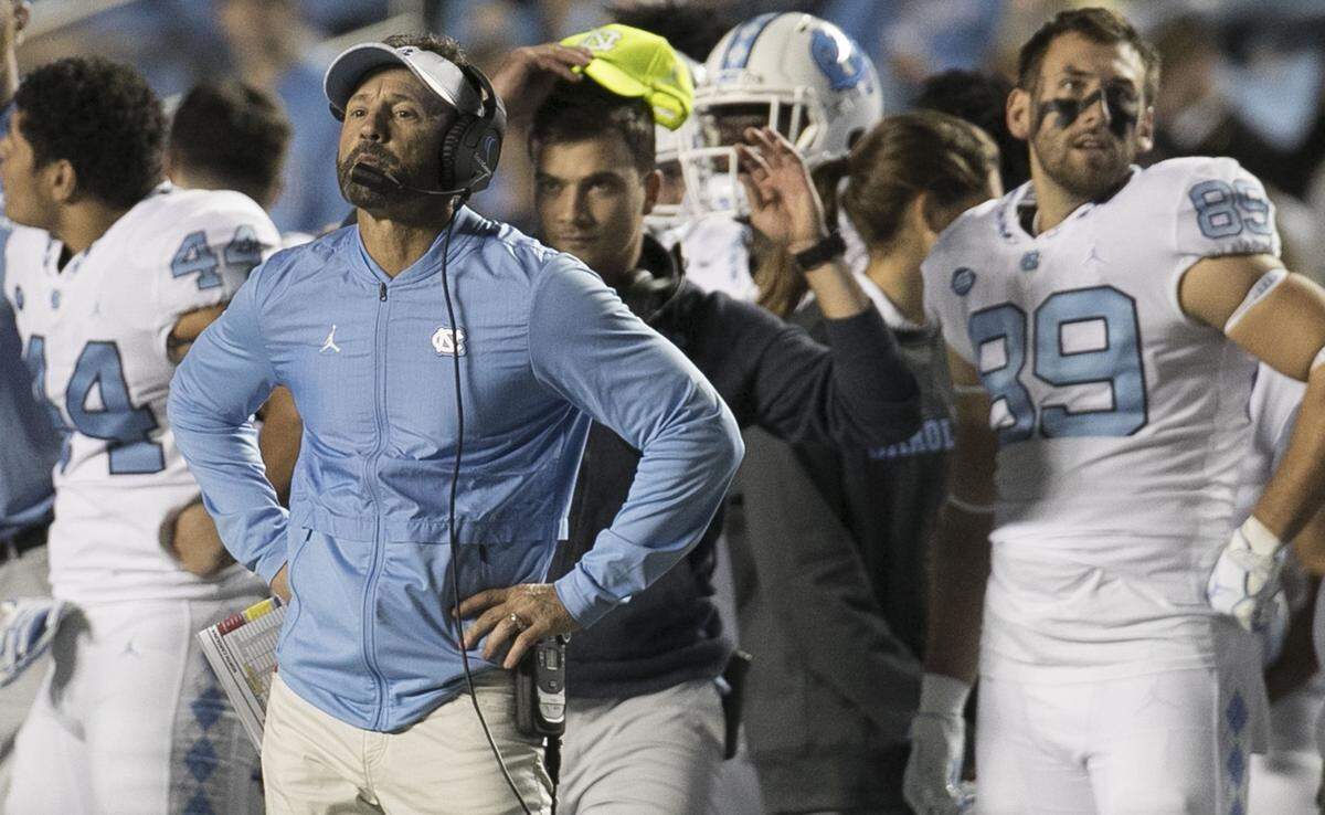 North Carolina coach Larry Fedora reacts as a play is reviewed in the third quarter against Virginia Tech on Saturday, October 13, 2018 at Kenan Stadium in Chapel Hill, N.C.
