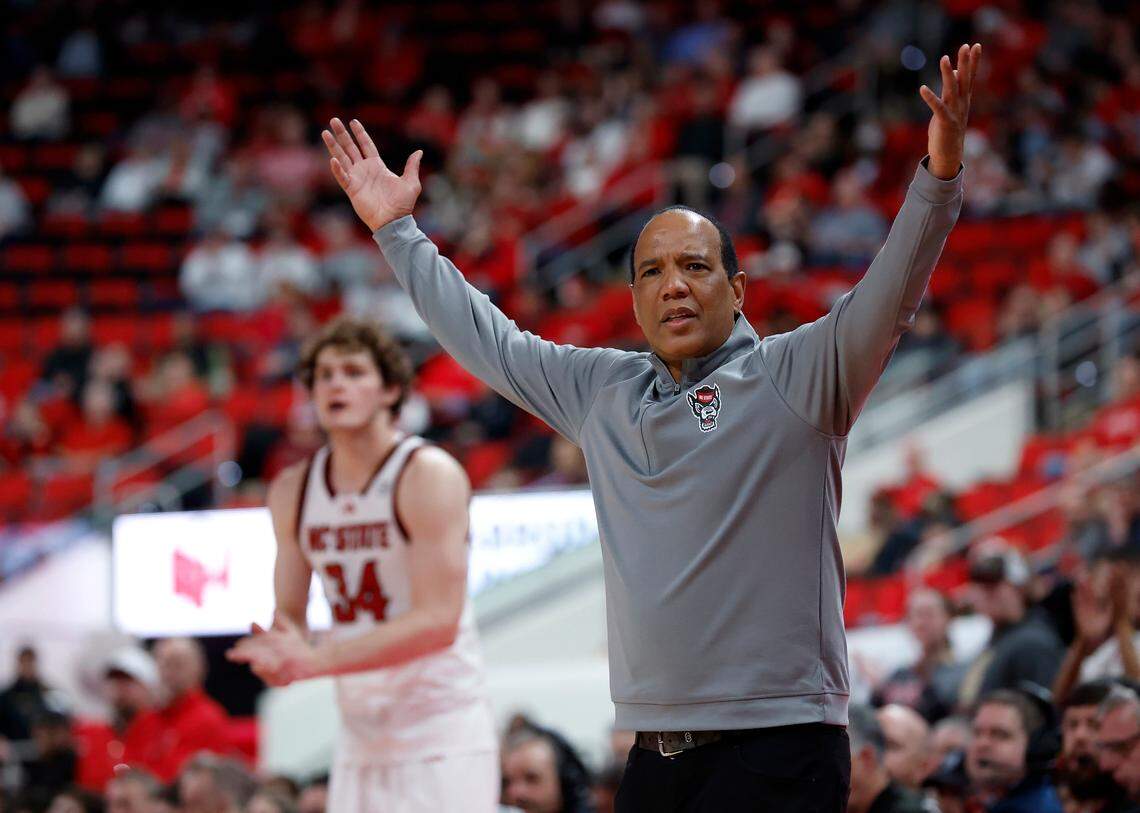 N.C. State head coach Kevin Keatts reacts during the second half of the Wolfpack’s 91-66 loss to Louisville on Wednesday, Feb. 12, 2025, at Lenovo Center in Raleigh, N.C.