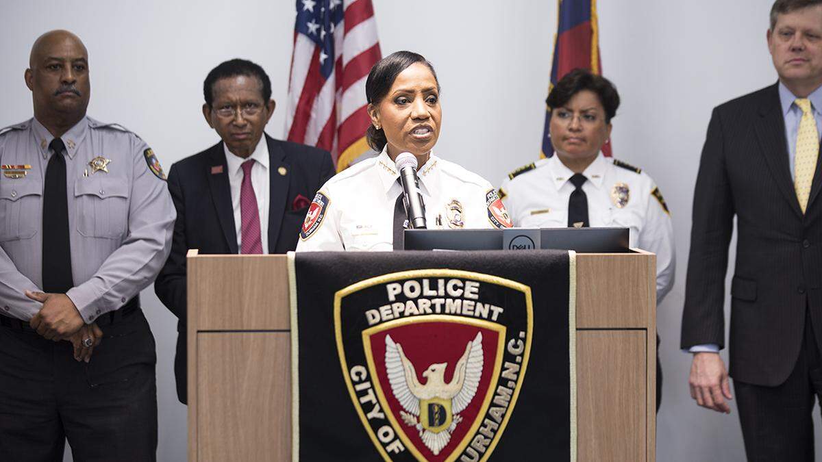 Durham Police Chief Cerelyn “C.J.” Davis addresses media and attendees of a press conference about state wide action to end gun violence on National Gun Violence Awareness Day, Friday, June 7, 2019.