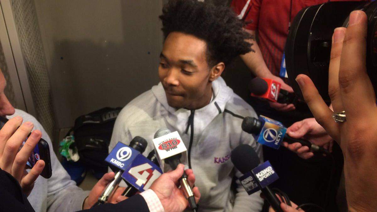 Kansas guard Devonte Graham, who is from Raleigh and played at Broughton, answers questions in the Jayhawks' locker room Thursday. Kansas plays Clemson in an NCAA tournament regional semifinal Friday night in Omaha, Neb.