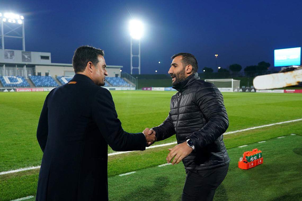 Alberto Toril, left, head coach of Real Madrid, and Mak Lind, head coach of BK Hacken, shake hands prior to the UEFA Women's Champions League group stage match between Real Madrid CF and BK Häcken FF at Estadio Alfredo Di Stefano on Jan. 30, 2024 in Madrid, Spain.