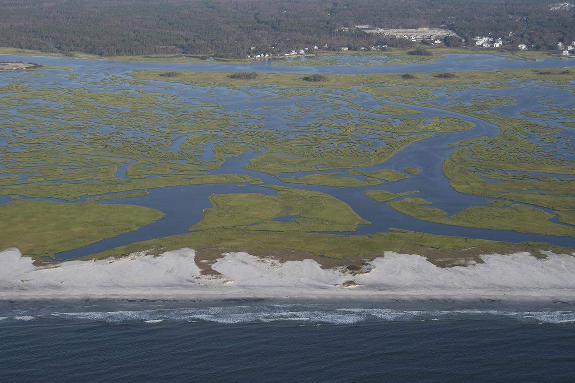 Hutaff Island, one of the few undeveloped barrier islands on the North Carolina coast, is shown from above. Epic Games CEO Tim Sweeney is funding the Coastal Land Trust’s purchase of the land, which will allow Audubon North Carolina to continue to manage the birds and turtles that live on the island.