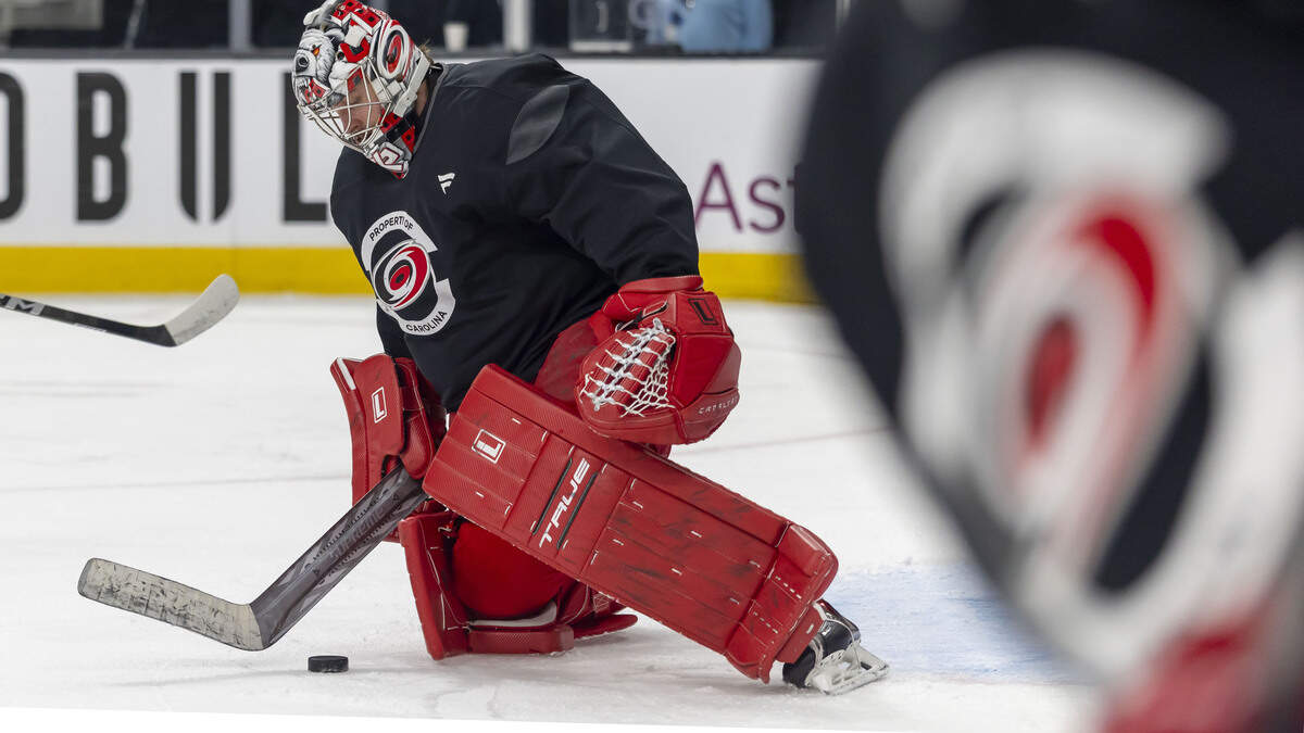 Carolina Hurricanes goalie Pyotr Kochetkov (52) makes a save during practice on Monday, June 8, 2026 at T-Mobile Arena in Las Vegas, NV.