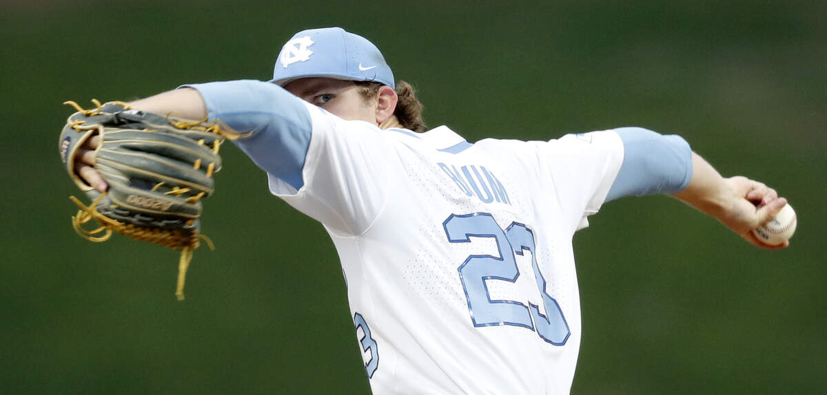 North Carolina’s Tyler Baum (23) throws during UNC’s game against Virginia in the ACC Baseball Tournament at the Durham Bulls Athletic Park in Durham, N.C., Wednesday, May 22, 2019.