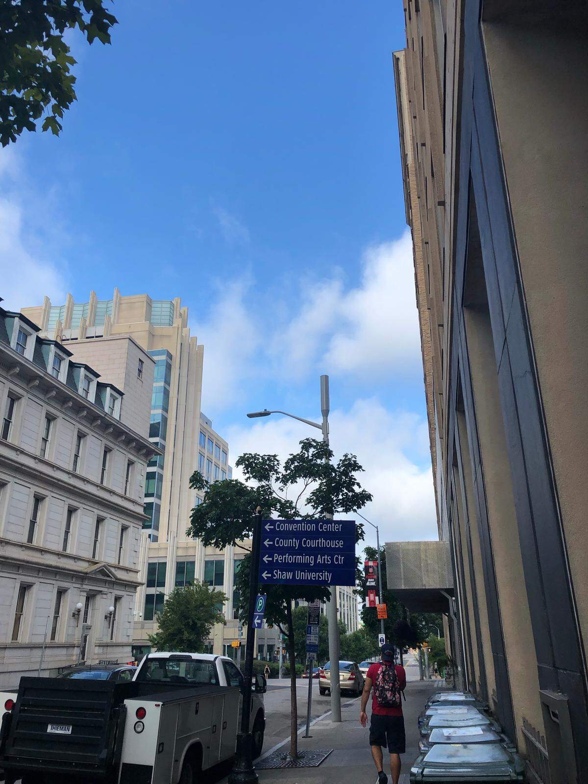 A small cell on top of a light pole in downtown Raleigh.