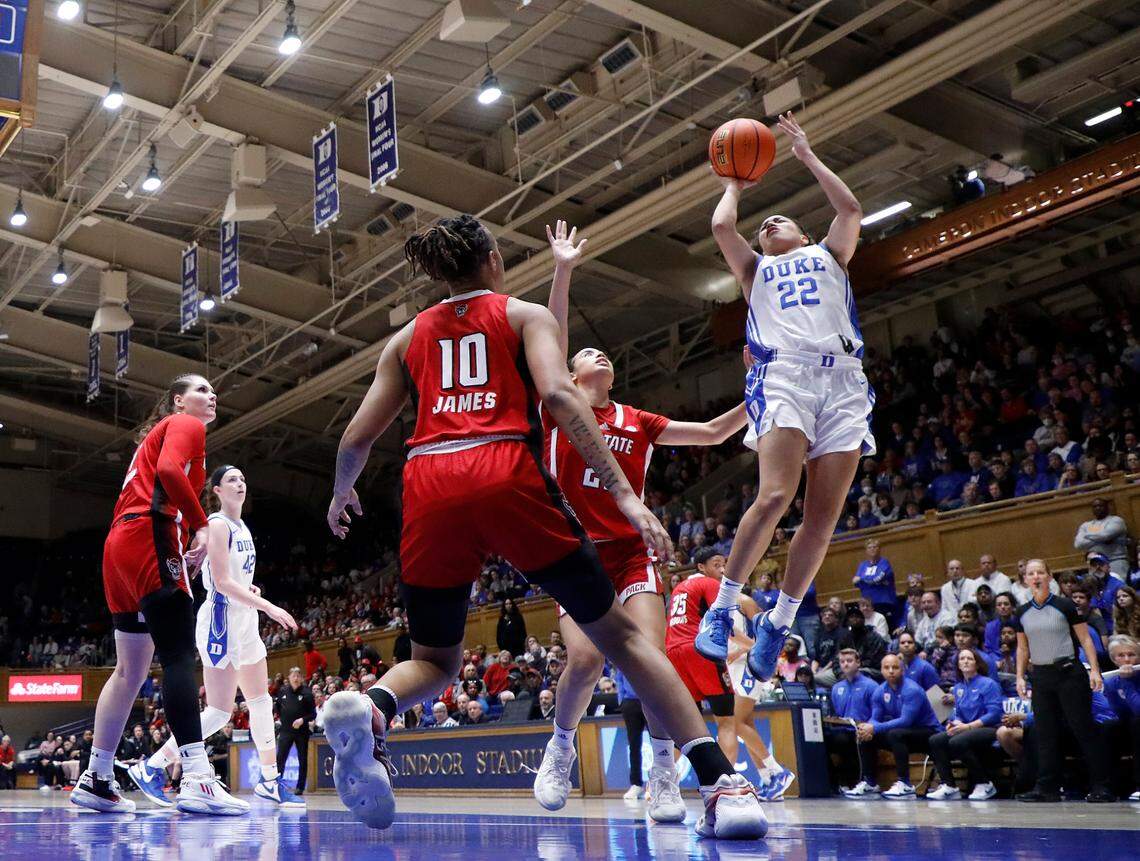 Duke’s Taina Mair puts up a shot during the second half of the Blue Devils’ 69-58 win over N.C. State on Sunday, Feb. 25, 2024, at Cameron Indoor Stadium in Durham, N.C.