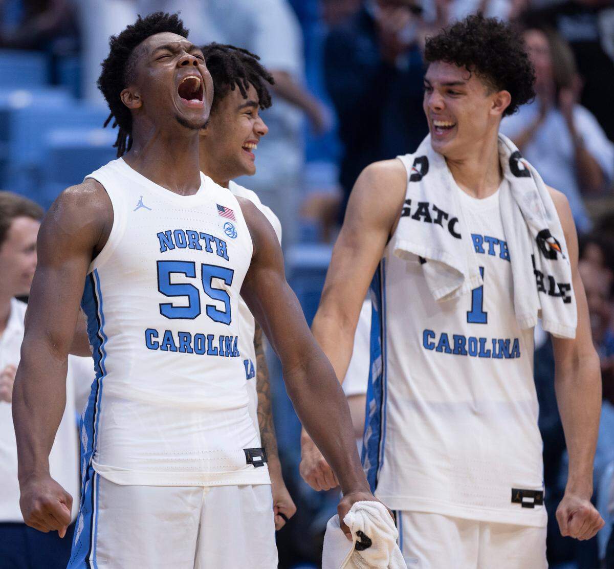 North Carolina’s Harrison Ingram (55) lets out a yell after a dunk by teammate James Okonkwo (32) to give the Tar Heels’ a 117-53 victory against St. Augustine’s on Friday, October 27, 2023 at the Smith Center in Chapel Hill, N.C.