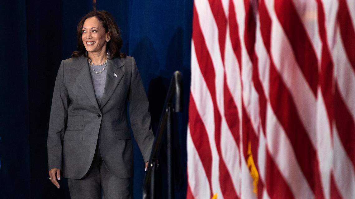 Vice President Kamala Harris takes the stage during a campaign event at James B. Dudley High School on Thursday, July 11, 2024, in Greensboro, N.C.