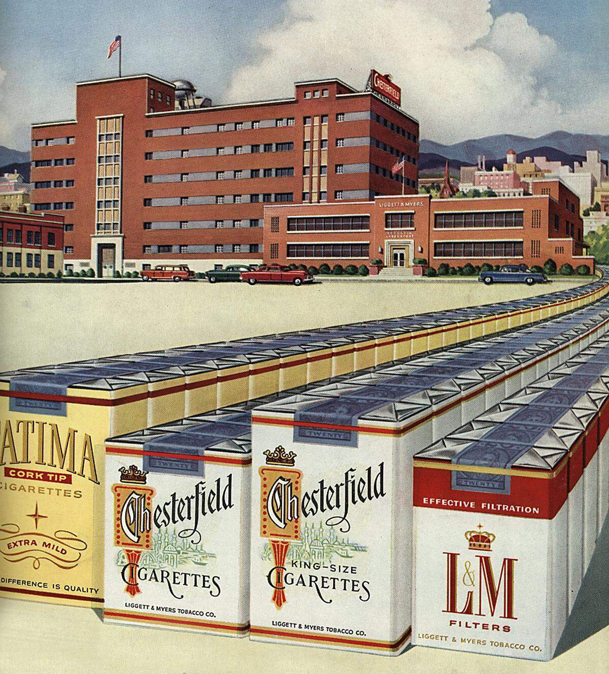 The cover of the Liggett & Myers 1953 Annual Report, including nonexistent mountains behind the Durham skyline.