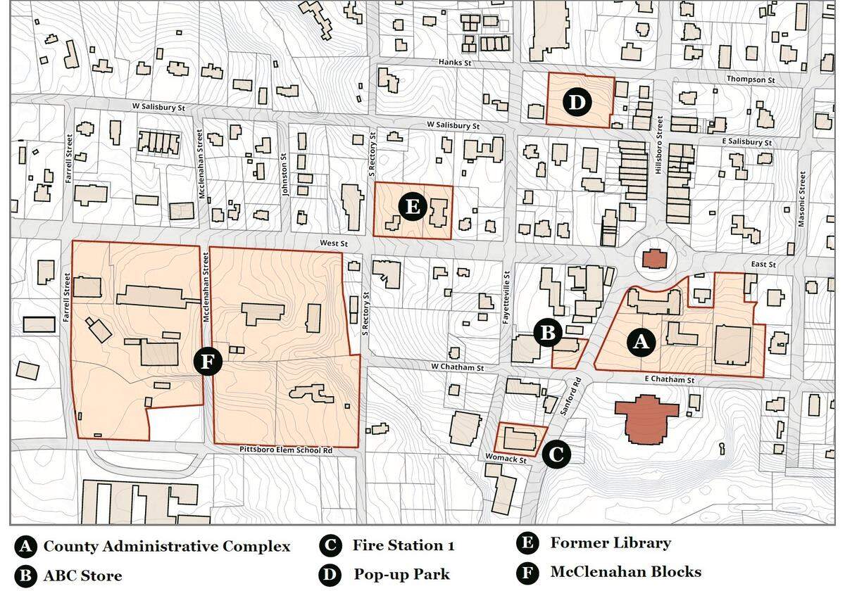 Chatham County and the Town of Pittsboro are vacating six key sites in the historic downtown district. A public process will set the plans in motion to redevelop each of the sites with commercial, housing, and community amenities.