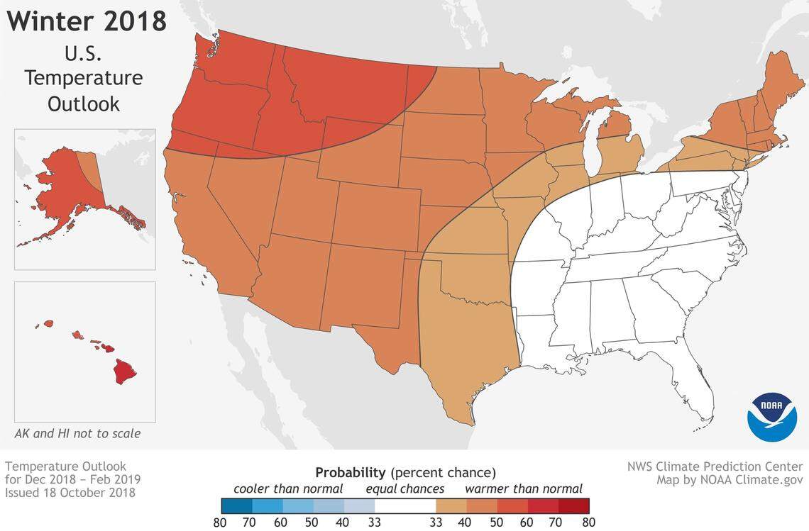 NOAA”s Winter 2018 temperature outlook for the United States.