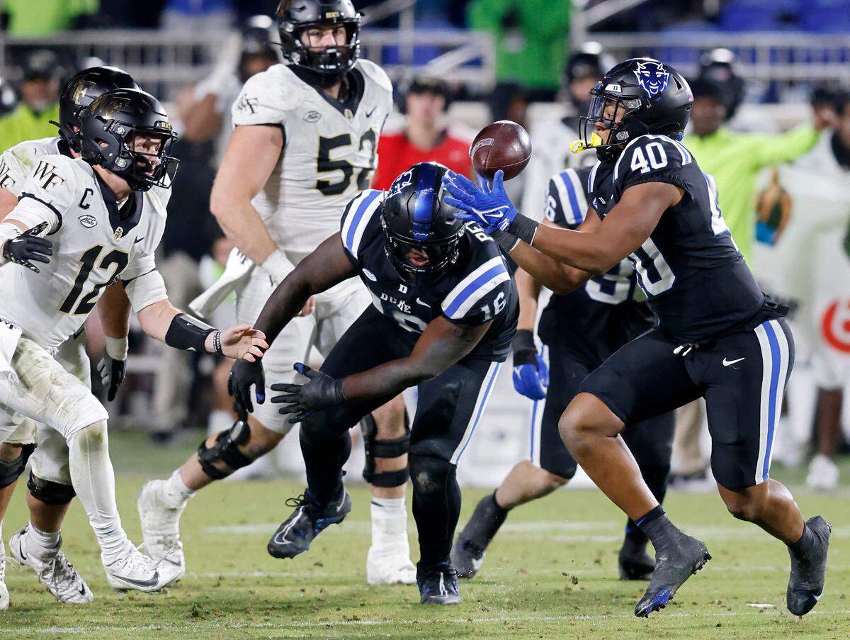 Duke’s Ryan Smith intercepts a pass by Wake Forest’s Mitch Griffis during the second half of the Blue Devils’ 24-21 win on Thursday, Nov. 2, 2023, at Wallace Wade Stadium in Durham, N.C.