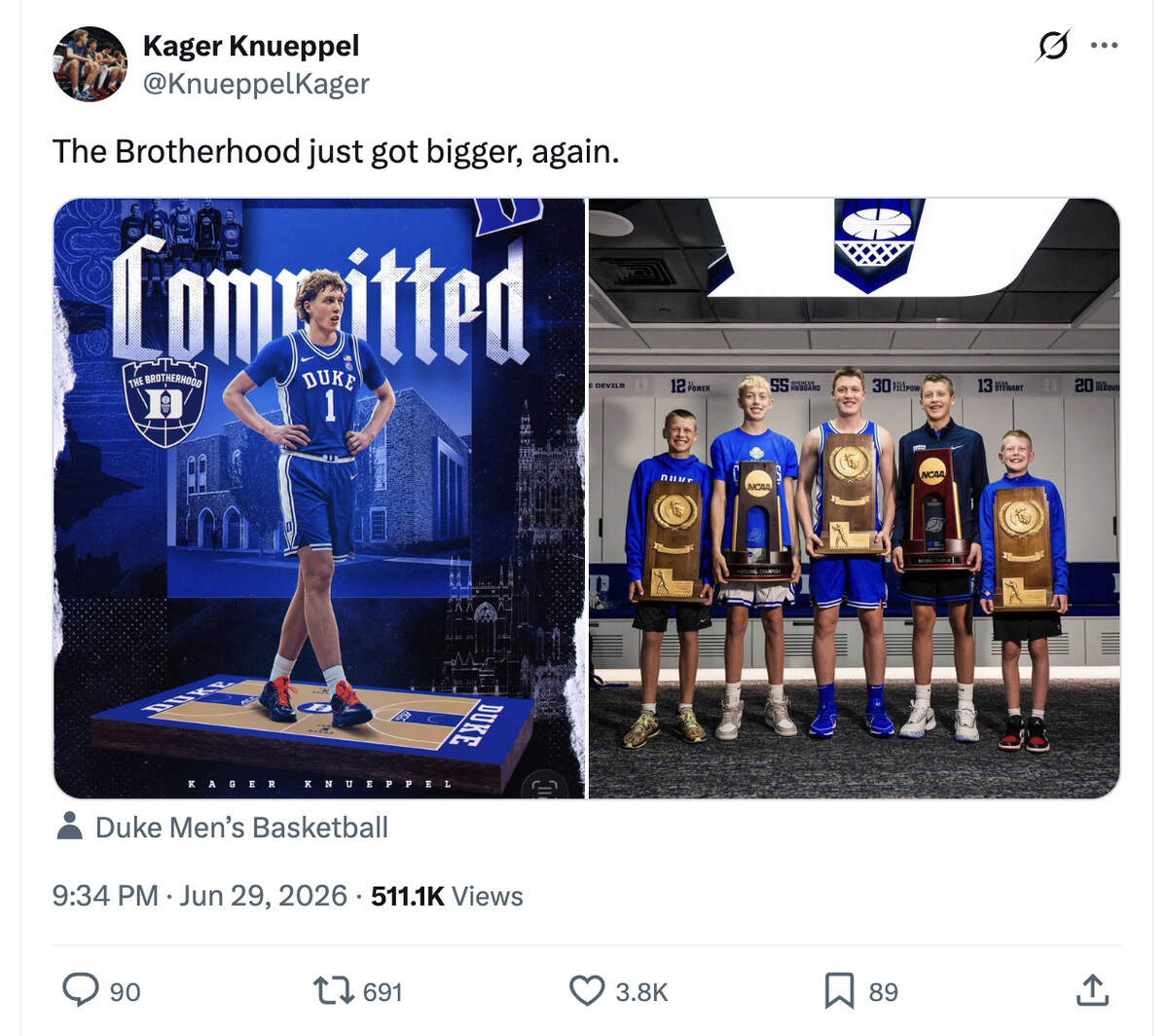 A post on Kager KnueppelÕs X account announces his commitment to Duke.