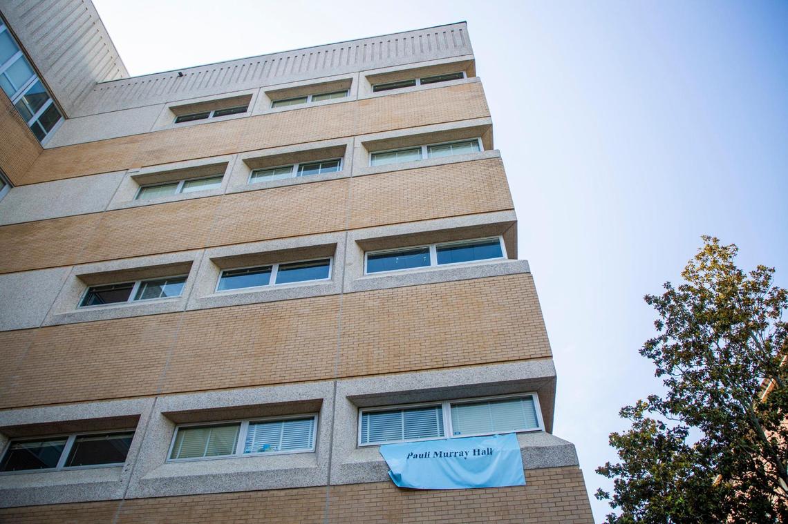 A banner unofficially renames Hamilton Hall to Pauli Murray Hall as four other buildings on UNC Chapel HillÕs campus have been recommended for renaming under a new policy approved by the UNC Board of Trustees during a meeting on Thursday, July 16, 2020, in Chapel Hill, N.C. The four buildings are the Daniels Building, Carr Building, Ruffin Residence Hall and Aycock Residence Hall.