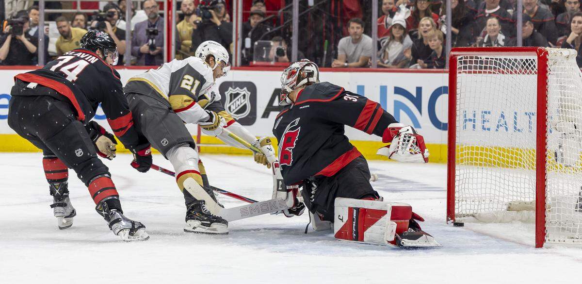 Vegas center Brett Howden (21) scores on Carolina Hurricanes goalie Frederik Andersen (31) to take a 2-0 lead in the second period in Game 2 of the Stanley Cup Final, on Thursday, June 4, 2026 at Lenovo Center in Raleigh, N.C. 