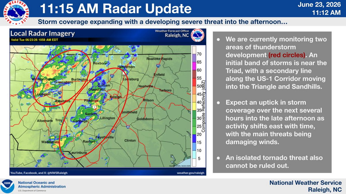 Thunderstorms possible in the Triangle on Tuesday, June 23.