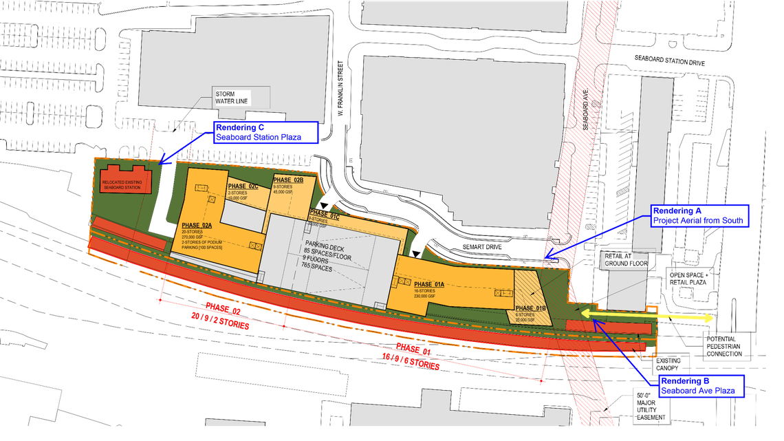 The conceptional site plan from Turnbridge Equities for its proposed redevelopment of the Logan’s Garden Shop property in Raleigh. It shows part of the old Seaboard Station train depot relocated to the north end of the property, left.