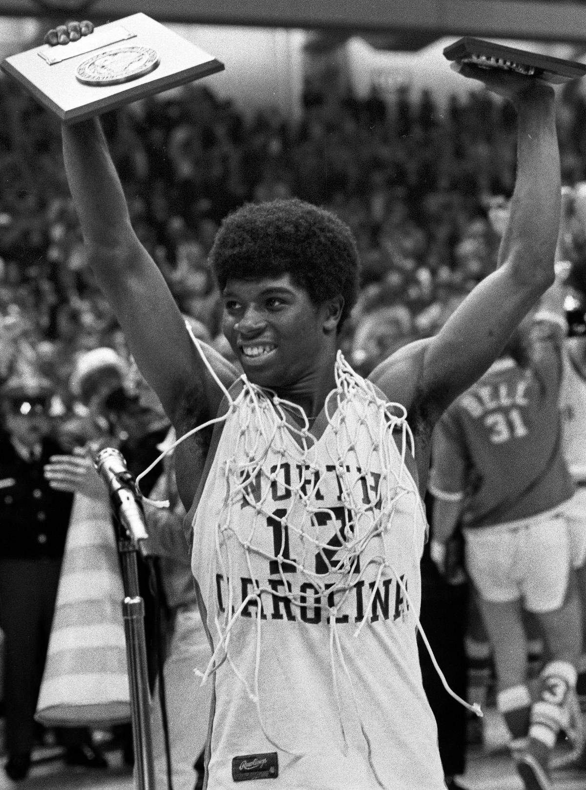 Phil Ford celebrates the Tar Heels' win in the championship game of the 1975 ACC Tournament.
