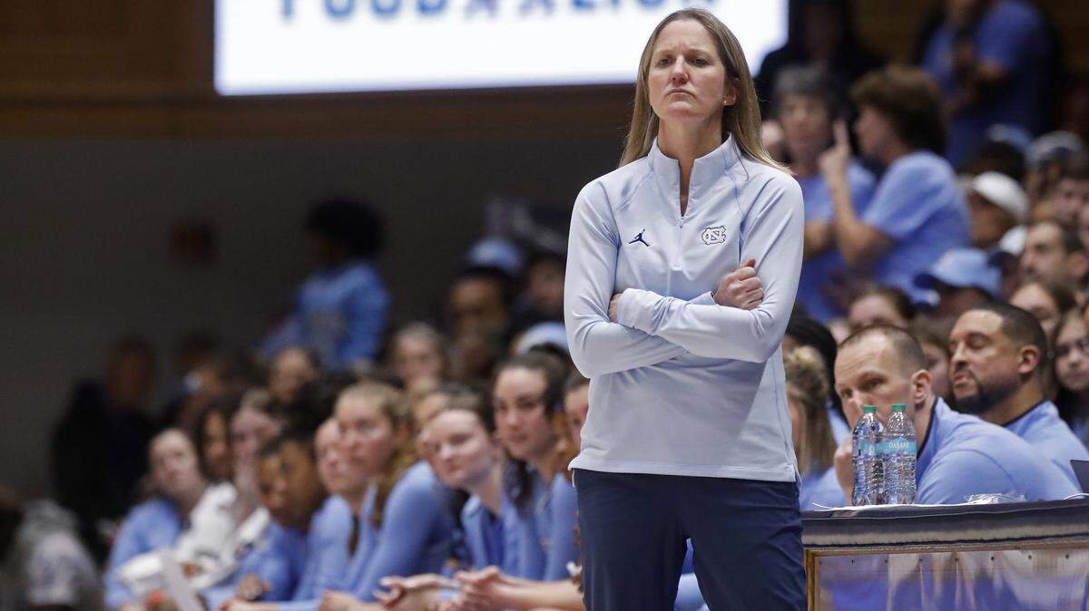 North Carolina head coach Courtney Banghart watches from the sidelines during the second half of the Tar Heels’ 72-68 loss to Duke on Sunday, Feb. 15, 2026, at Cameron Indoor Stadium in Durham, N.C.