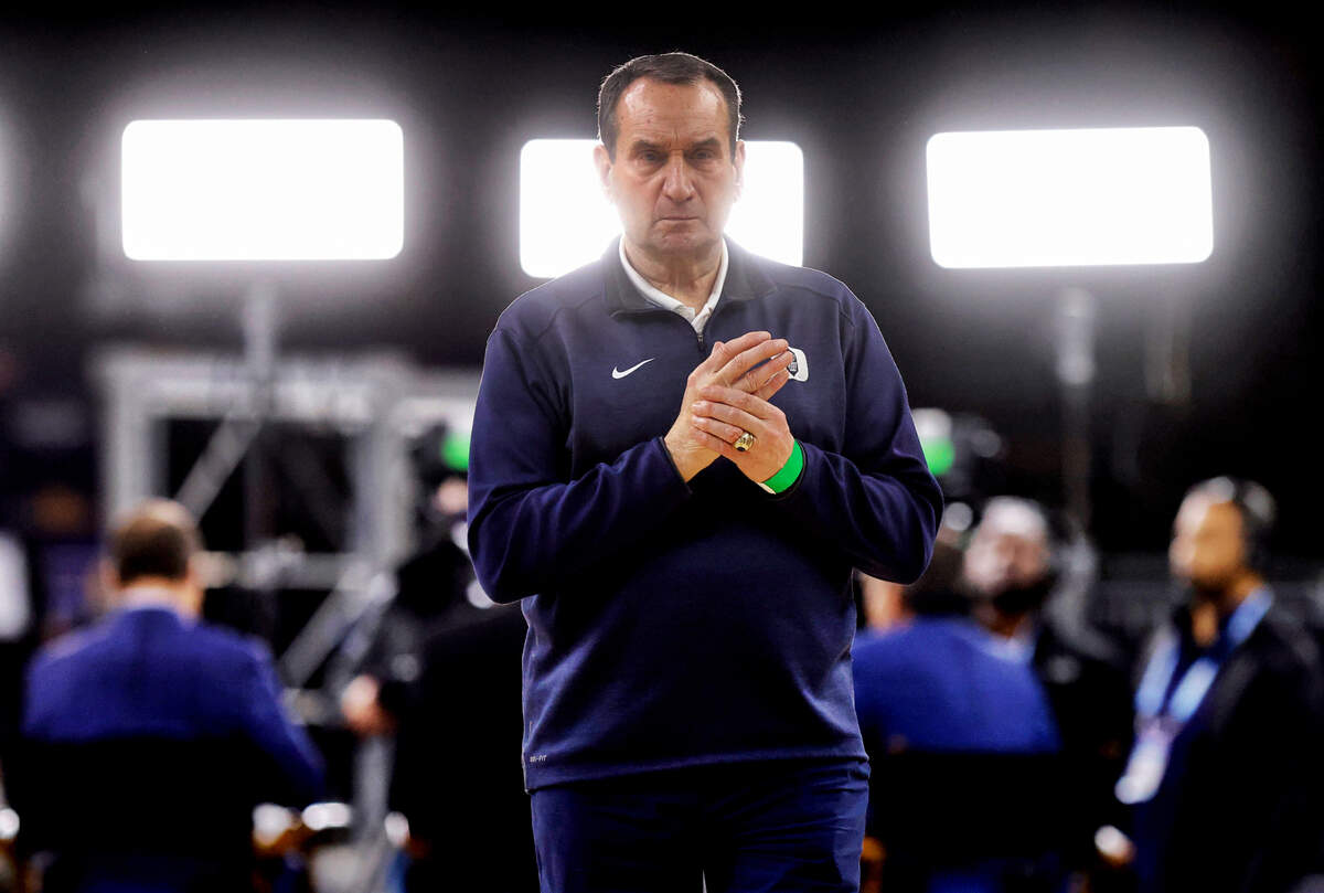 Duke head coach Mike Krzyzewski walks down the court during Duke’s open practice at the Caesars Superdome in New Orleans, La., Friday, April 1, 2022. North Carolina will face Duke in the Final Four Saturday.