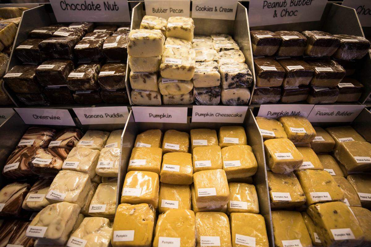 More than 20 flavors of fudge are available for purchase at the NC Fudge Shop. Peanut butter and chocolate fudge is a customer favorite.