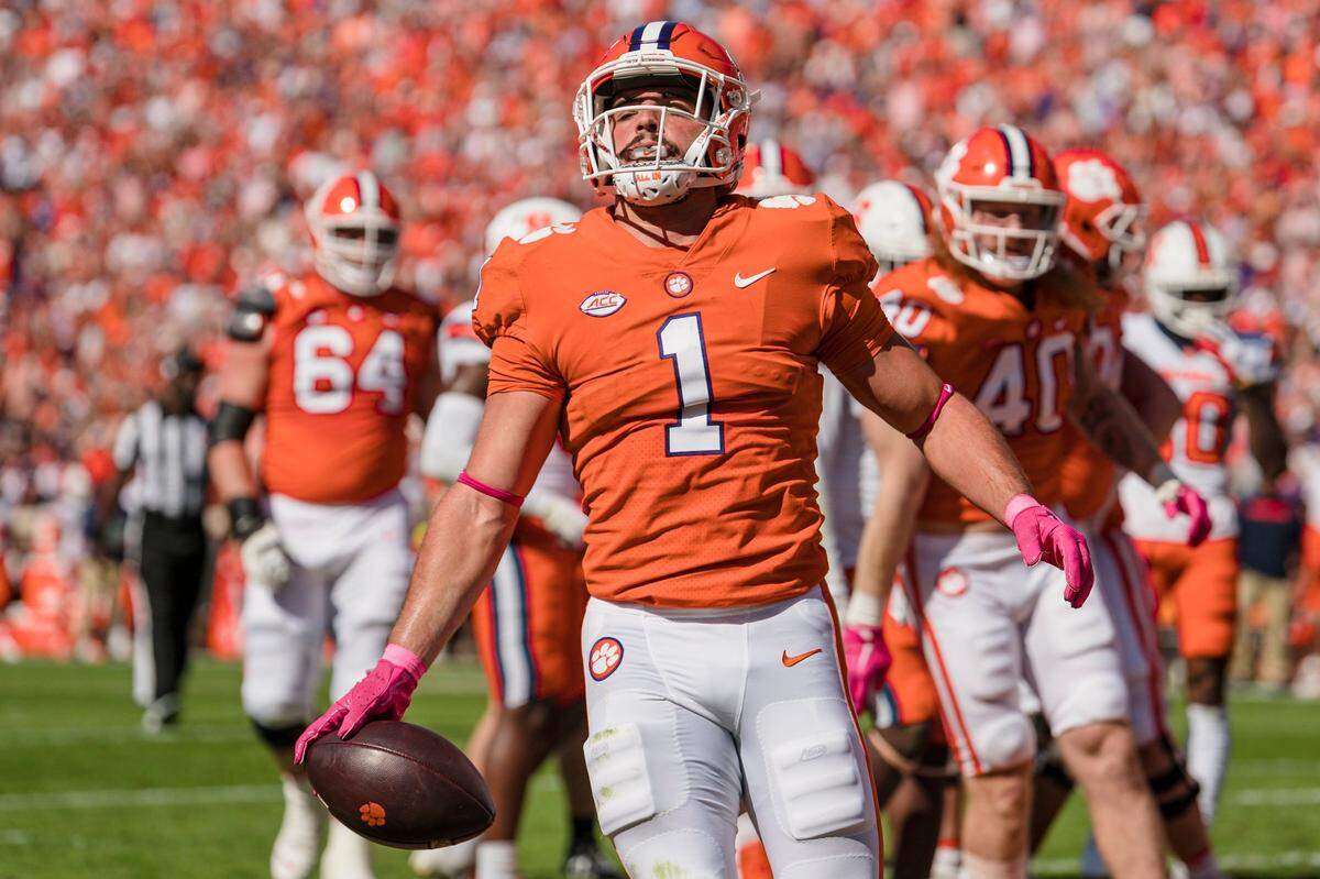 Clemson running back Will Shipley (1) reacts after scoring a touchdown in the first half of an NCAA college football game against Syracuse on Saturday, Oct. 22, 2022, in Clemson, S.C.