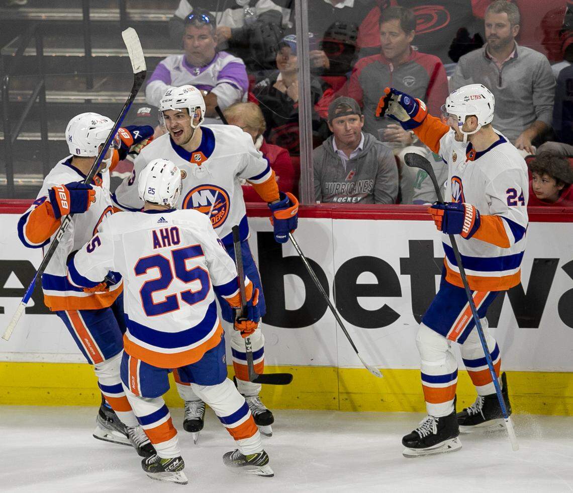 The New York Islanders Matthew Barzal (13) reacts after scoring to give the Islanders a 3-1 lead over the Carolina Hurricanes in the second period during Game 5 of their Stanley Cup series on Tuesday, April 25, 2023 at PNC Arena in Raleigh, N.C.