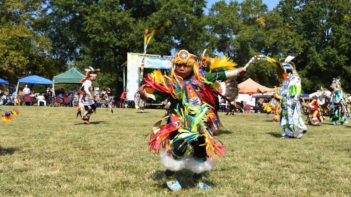 Caiden Tortalita, 7, at the Dix Park Intertribal Pow Wow in Raleigh, NC, on Saturday, Oct. 8, 2022.